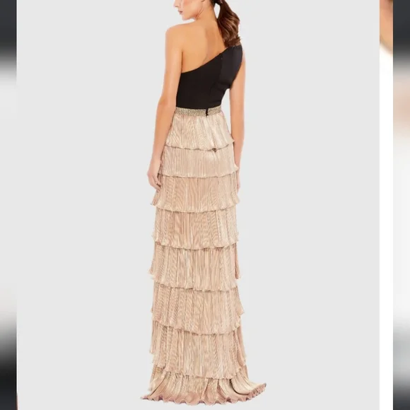 Mac Duggal Ieena Gold & Black One Shoulder Tiered Ruffle Maxi Gown - Picture 5 of 12